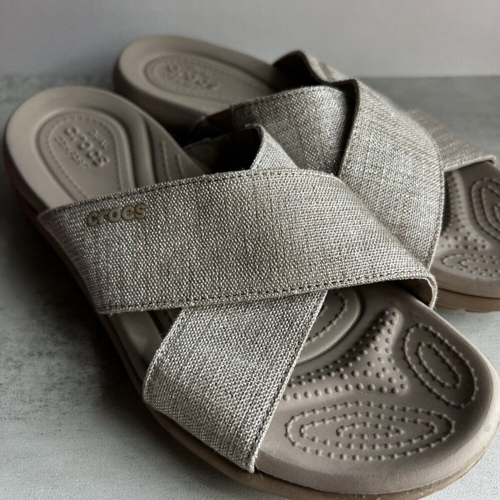 CROCS Women's Metallic Taupe Cross-Band Sandals - Picture 3 of 16